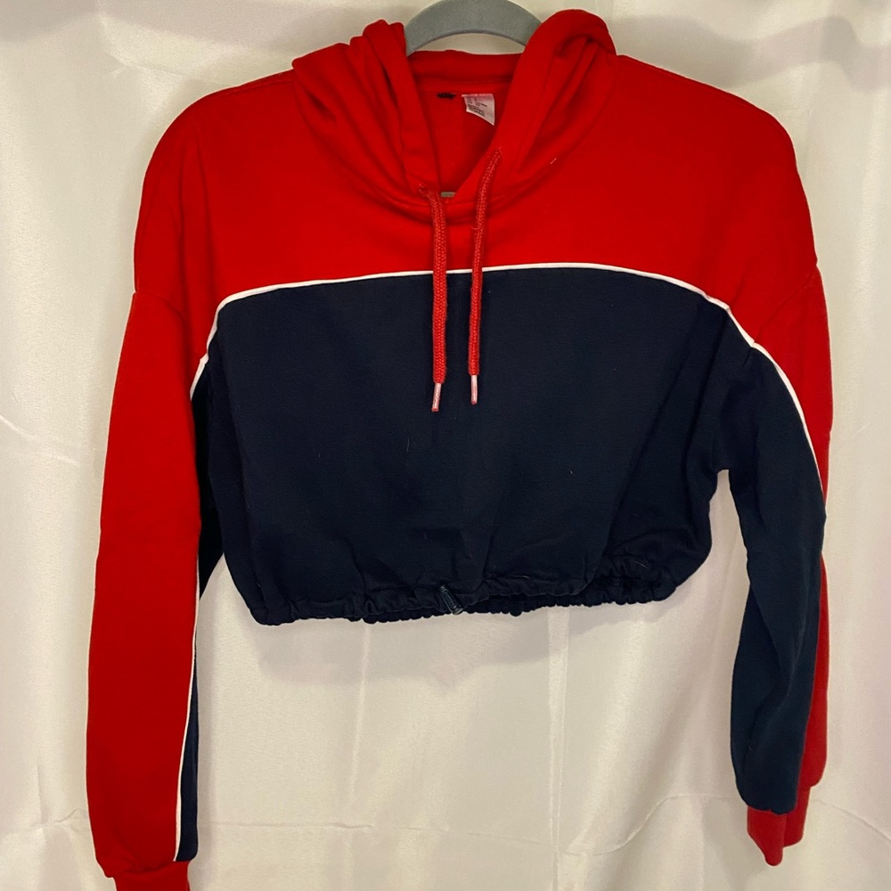 Cropped Hoodie Hooded Sweatshirt Red Navy Vintage Throwback 90s 2000s Y2K Size S